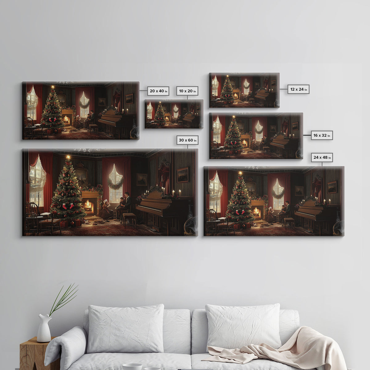 Victorian Christmas Living Room Framed Canvas Print - Elegant Christmas Decor with Vintage Holiday Charm and Indoor Wall Art