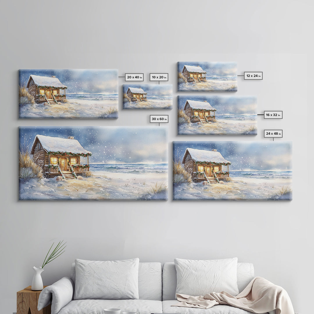 Coastal Winter Cottage Snowy Christmas Scene With Framed Canvas Print, Winter Wonderland Beach House Christmas Decor Wall Art