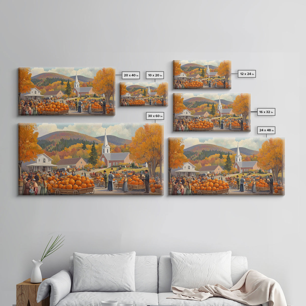 Autumn church harvest scene with pumpkins, farmhouse fall decor, canvas print, vintage fall wall art, seasonal decor