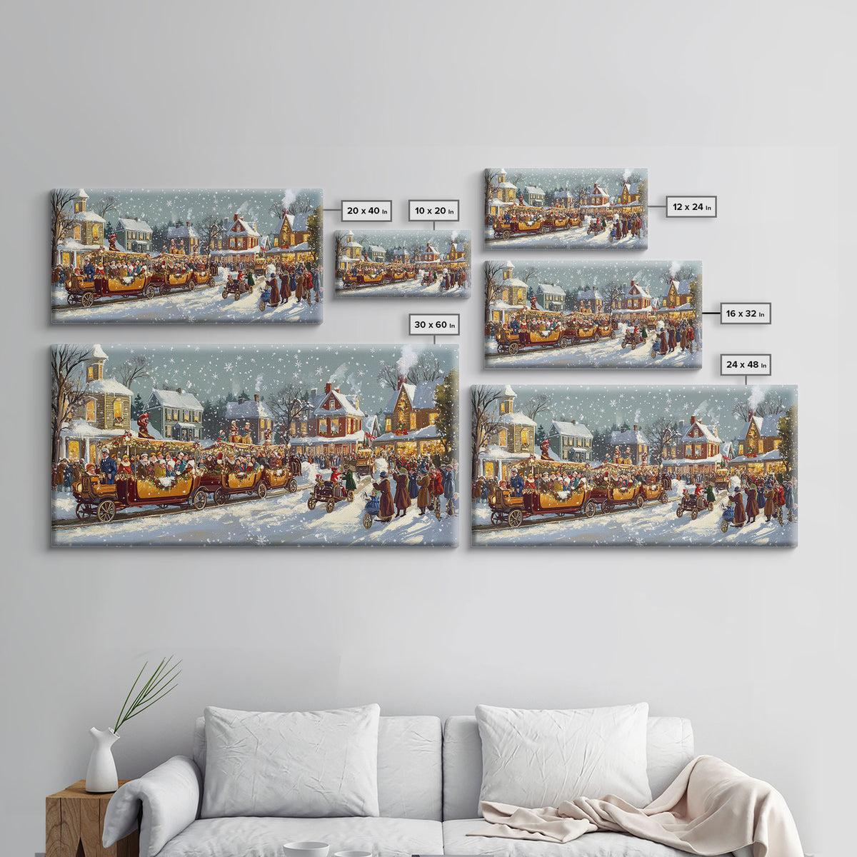 Vintage Christmas parade with decorated cars, 2024 Christmas scene art, framed canvas print, festive holiday art, Christmas wall art