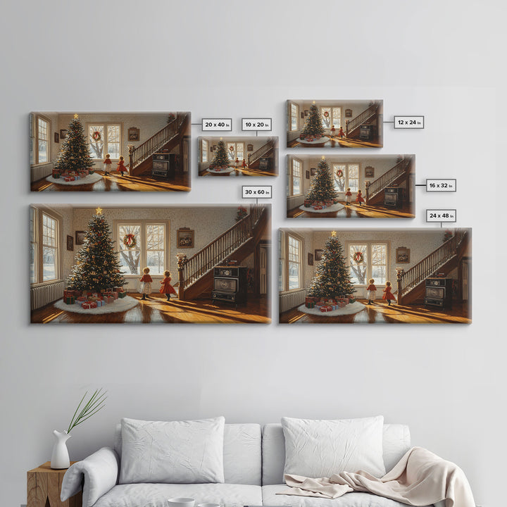 Vintage Christmas scene with children by tree, rustic Christmas home decor, framed canvas print, Christmas art prints, 2024 holiday wall art