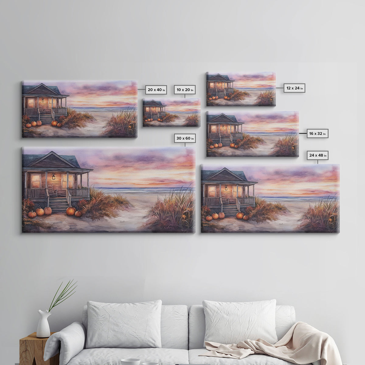 Rustic Beach Cottage Fall Scene Framed Canvas Print, Coastal Autumn Sunset Wall Art Ideal Autumn Gift, Seasonal Beach Decor