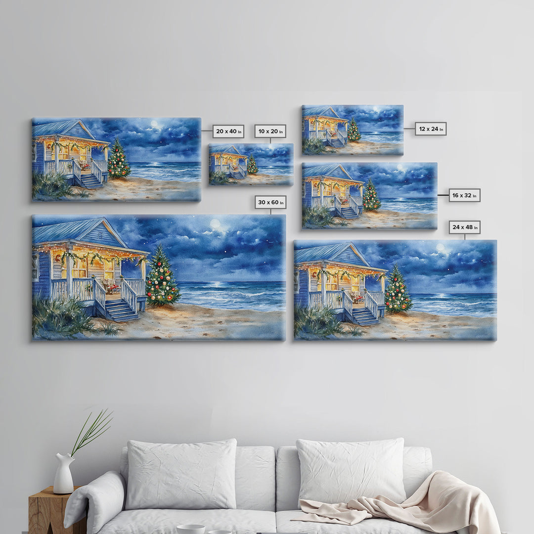 Cozy Christmas Cottage On Beach Scene With Framed Canvas Print, Winter Beach Home Christmas Tree Wall Art, Holiday Wall Decor