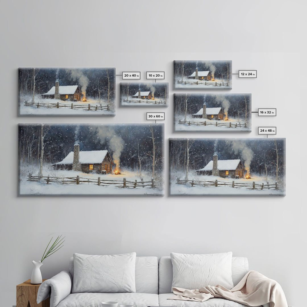 Rustic Cabin in Snow Framed Canvas Print, Cozy Winter Wonderland Art, Best Gift Idea for Christmas Wall Art, Vintage Holiday Decor