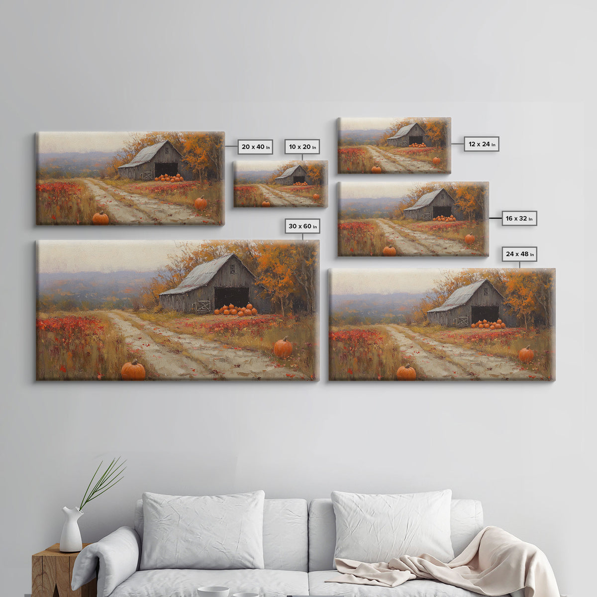 Scenic Country Farmhouse Autumn Harvest Framed Canvas Print with Pumpkins, Rustic Farmhouse Fall Art, Wall Decor, Seasonal Wall Art Gift