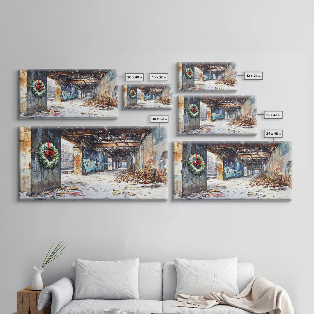 Rustic Urban Wreath Holiday Decor Framed Canvas Print, Christmas Scene with Snowfall and Graffiti Wall Perfect Holiday Wall Art