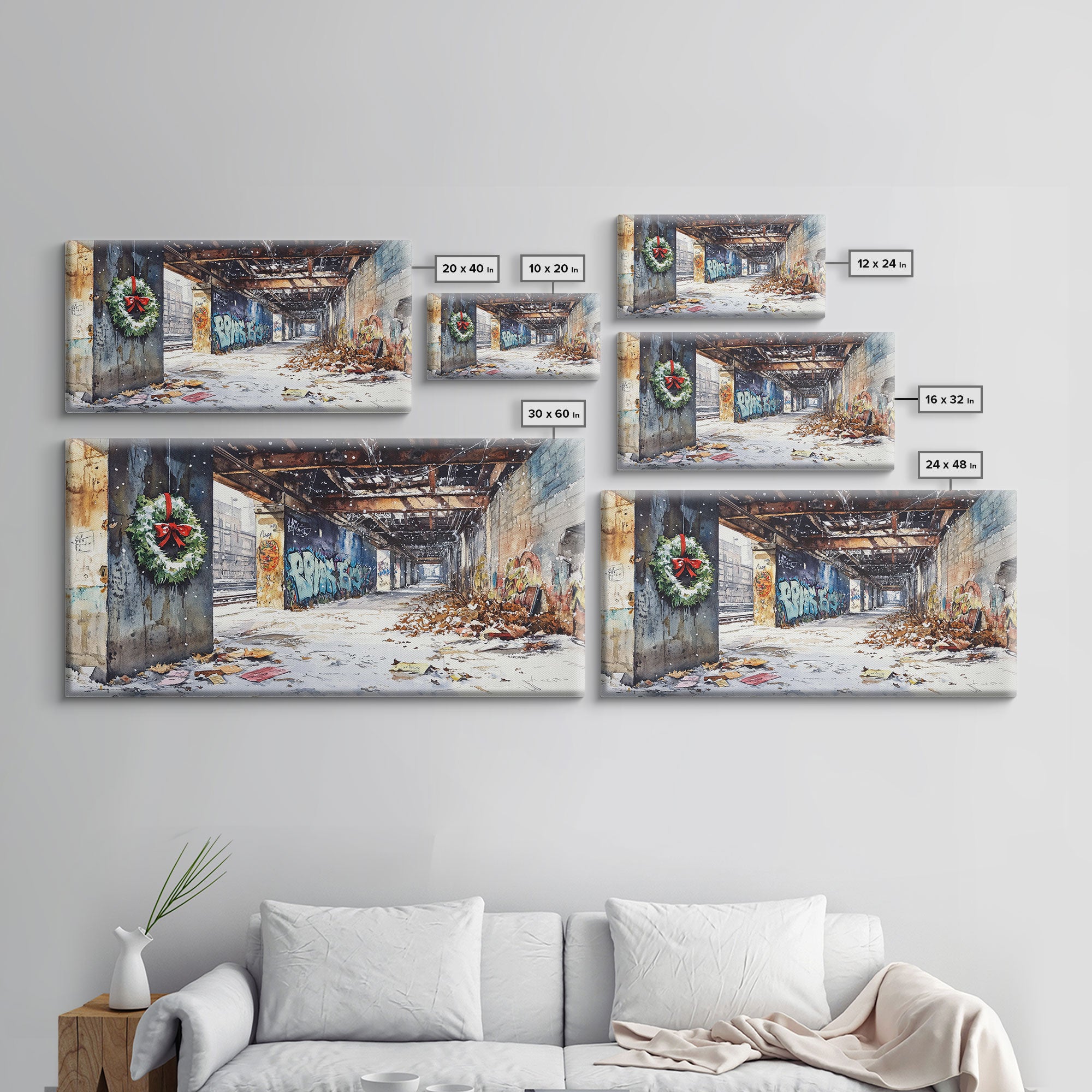 Rustic Urban Wreath Holiday Decor Framed Canvas Print, Christmas Scene with Snowfall and Graffiti Wall Perfect Holiday Wall Art
