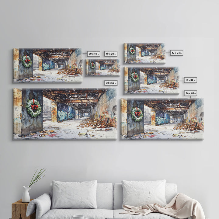 Rustic Urban Wreath Holiday Decor Framed Canvas Print, Christmas Scene with Snowfall and Graffiti Wall Perfect Holiday Wall Art
