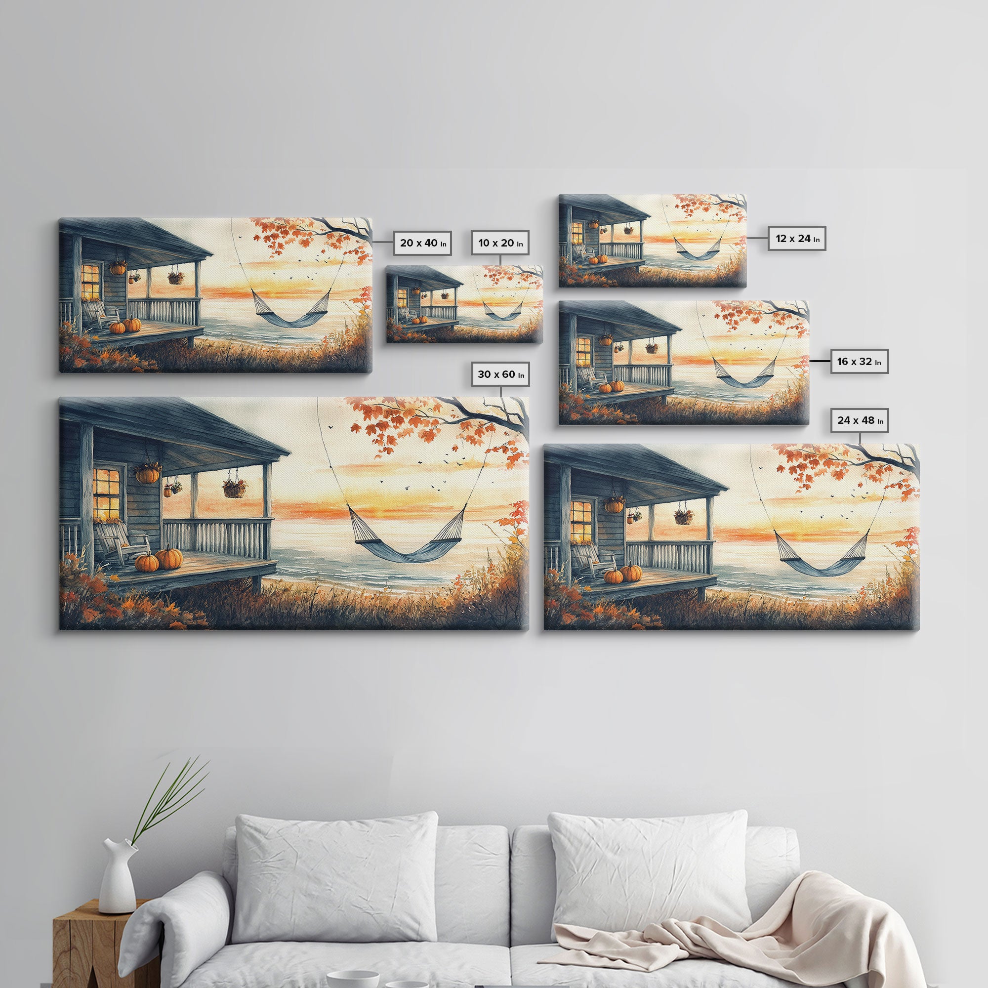 Cozy Autumn Porch with Pumpkins Framed Canvas Print, Warm Sunset Beach Scene Perfect Fall Seasonal Wall Art and Home Decor