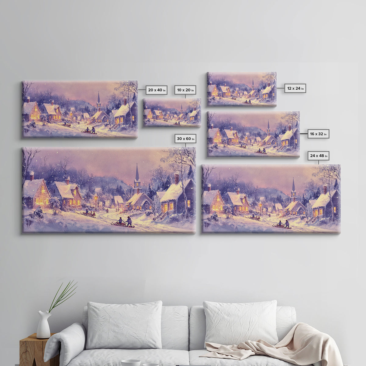 Serene Christmas Village Framed Canvas Print, Snowy Winter Landscape with Families Sledding in a Cozy Neighborhood Holiday Art