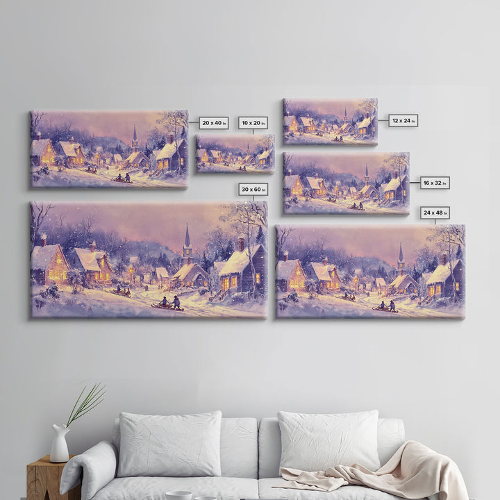 Serene Christmas Village Framed Canvas Print, Snowy Winter Landscape with Families Sledding in a Cozy Neighborhood Holiday Art
