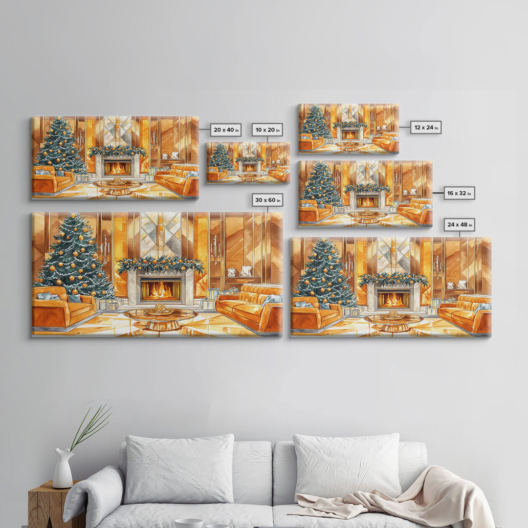 Luxurious Christmas Living Room Framed Canvas Print, Golden Holiday Decor with Christmas Tree and Fireplace Winter Wall Art