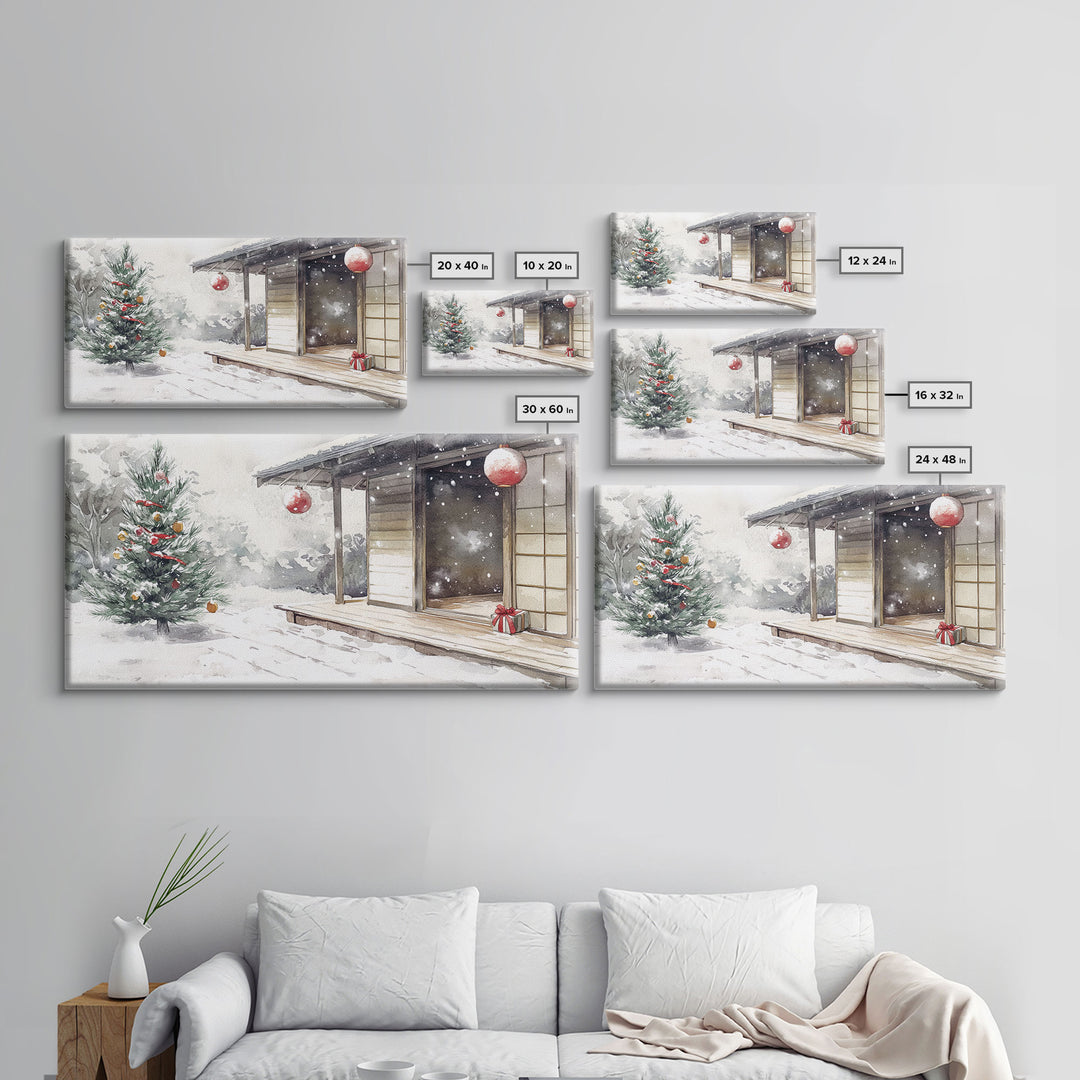 Minimalist Japanese Christmas Scene Framed Canvas Print, Snowy Holiday Decor with Simple Tree and Lantern Perfect Holiday Art