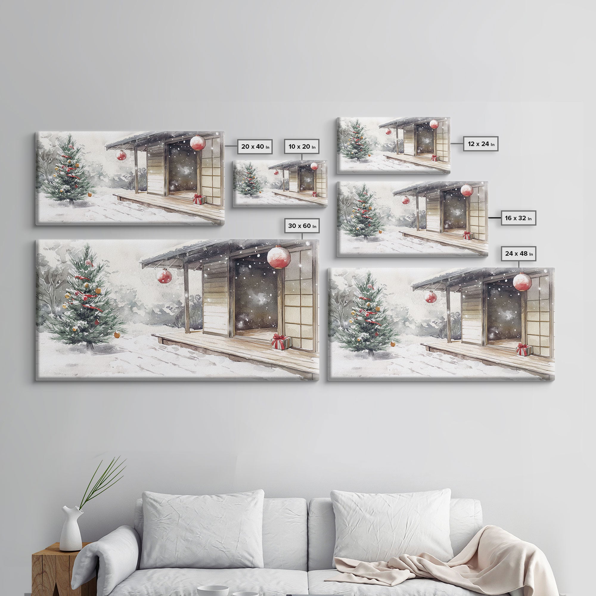 Minimalist Japanese Christmas Scene Framed Canvas Print, Snowy Holiday Decor with Simple Tree and Lantern Perfect Holiday Art