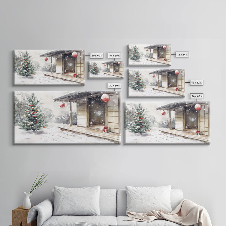 Minimalist Japanese Christmas Scene Framed Canvas Print, Snowy Holiday Decor with Simple Tree and Lantern Perfect Holiday Art