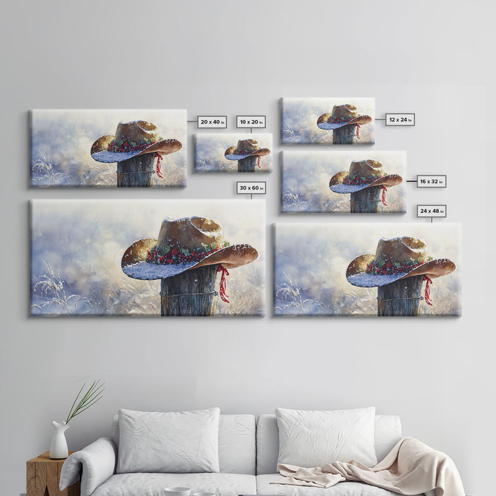 Rustic Cowboy Christmas Hat Framed Canvas Print, Snow-Covered Country Holiday Decor with Wreath on Fence Perfect Winter Art