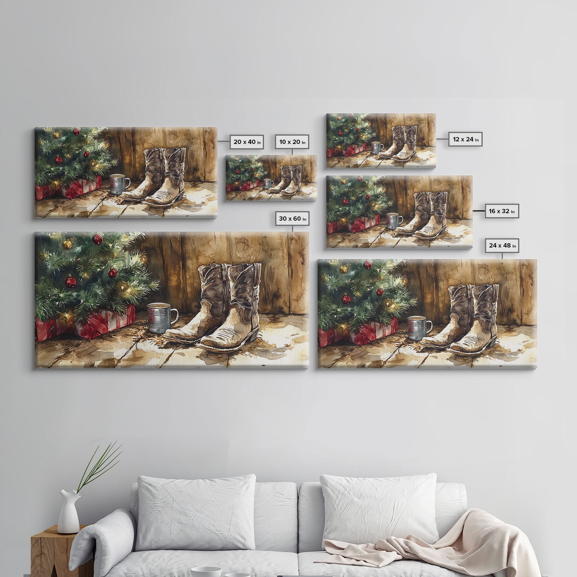 Christmas Cowboy Boots By Tree Framed Canvas Print Tall Art Rustic Western Christmas Decor Farmhouse Holiday Wall Art Cowboy Holiday Gift