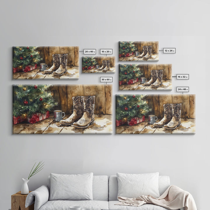 Christmas Cowboy Boots By Tree Framed Canvas Print Tall Art Rustic Western Christmas Decor Farmhouse Holiday Wall Art Cowboy Holiday Gift