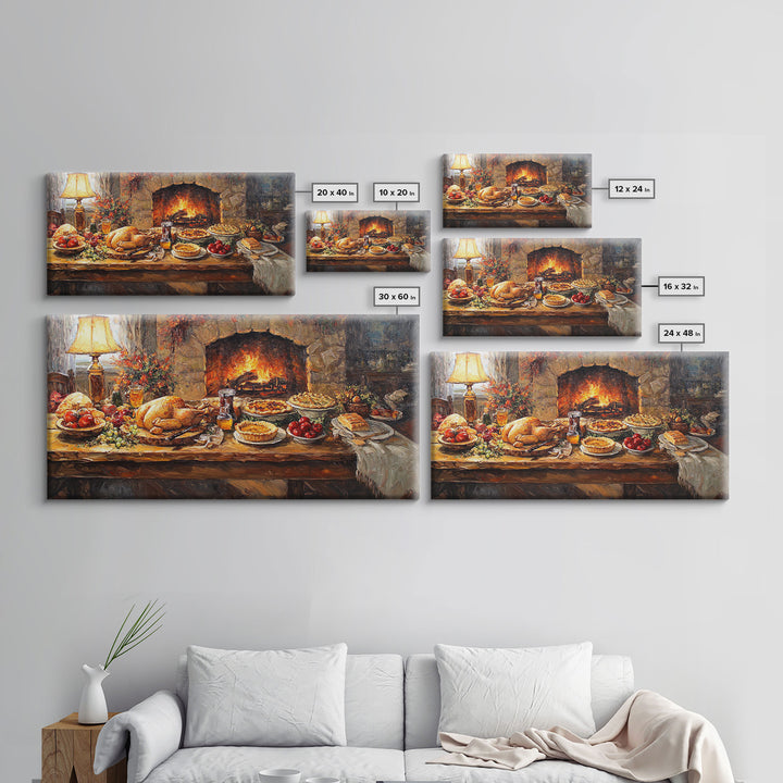 Cozy Thanksgiving Feast by Fireplace Framed Canvas Print Seasonal Wall Art, Rustic Fall Decor, Harvest Celebration Art Print for Home
