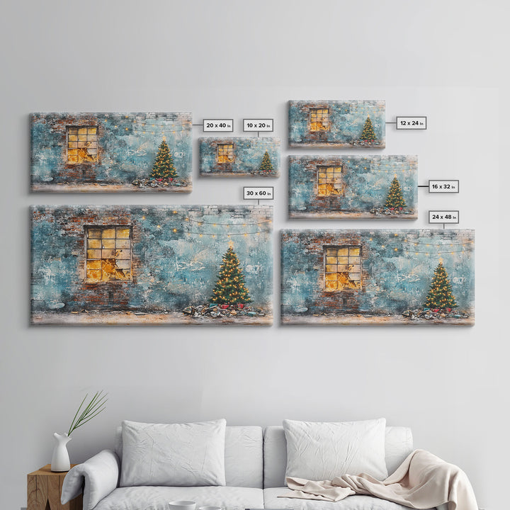 Rustic urban Christmas wall art with a glowing window and decorated tree, framed canvas print perfect seasonal decor, winter holiday display