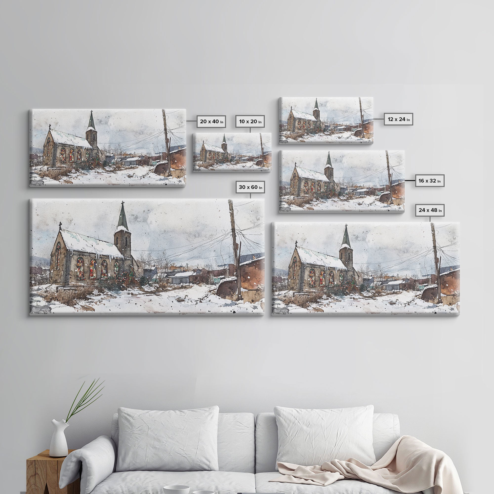 Snowy church scene framed canvas print, stained glass church in winter with snow-covered rooftops, perfect Christmas or holiday art display