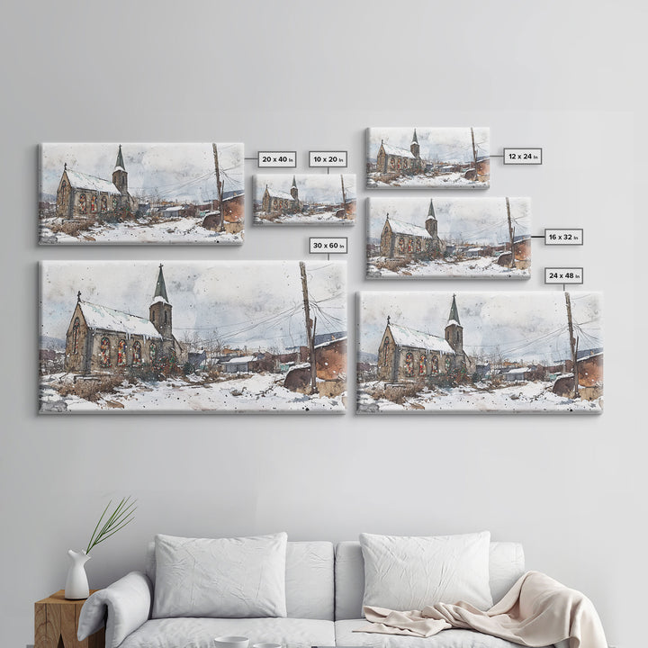 Snowy church scene framed canvas print, stained glass church in winter with snow-covered rooftops, perfect Christmas or holiday art display
