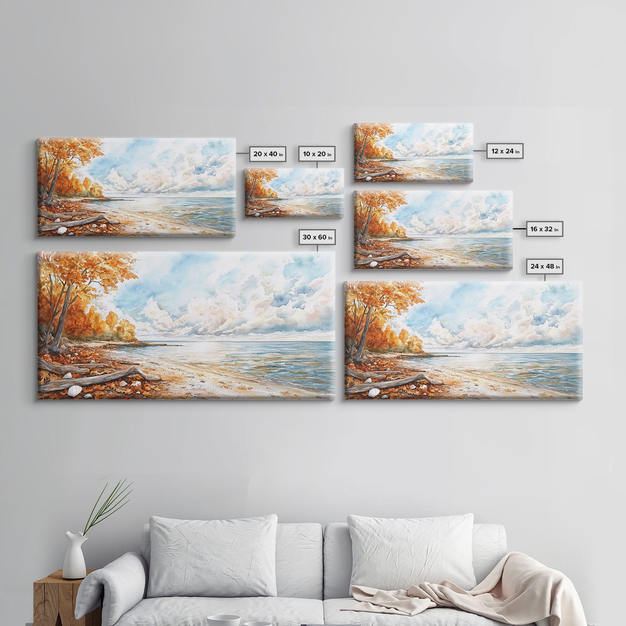 Autumn beach scene with colorful trees and calm waters, framed canvas print, perfect fall or autumn seasonal decor wall art