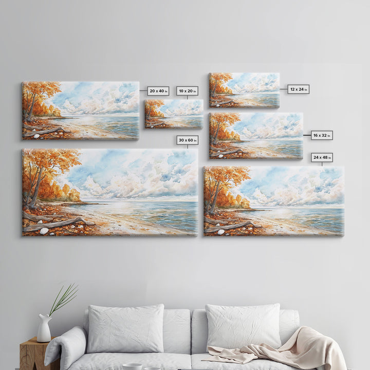 Autumn beach scene with colorful trees and calm waters, framed canvas print, perfect fall or autumn seasonal decor wall art