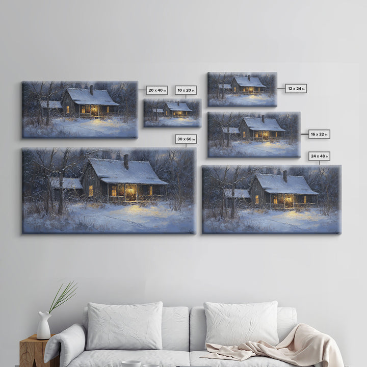 Cozy Winter Cabin Scene Framed Canvas Print with Snowy Landscape, Christmas Wall Art, Rustic Winter Scene, Vintage Seasonal Wall Decor
