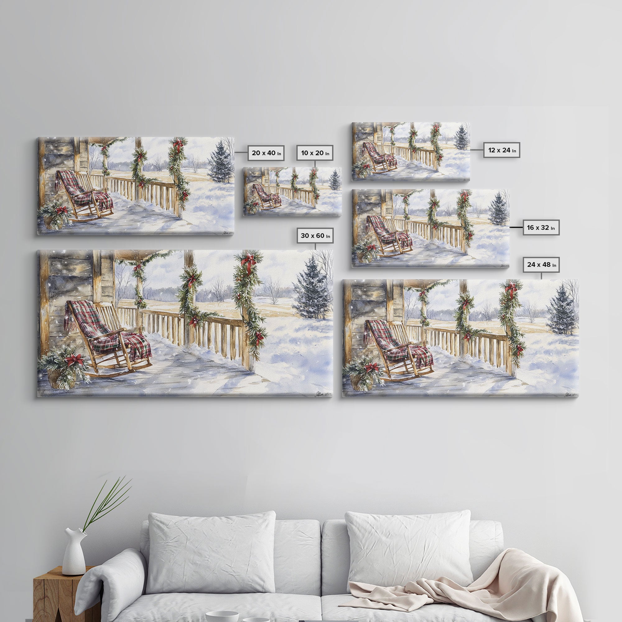 Snowy porch scene with wreaths and holiday greenery, framed canvas print, cozy winter Christmas decor perfect holiday wall display