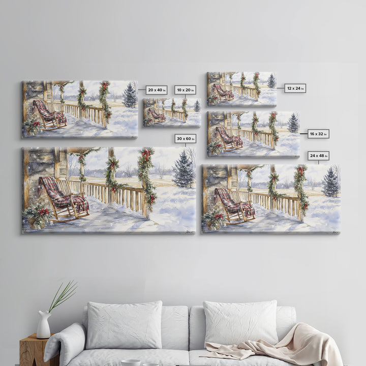 Snowy porch scene with wreaths and holiday greenery, framed canvas print, cozy winter Christmas decor perfect holiday wall display