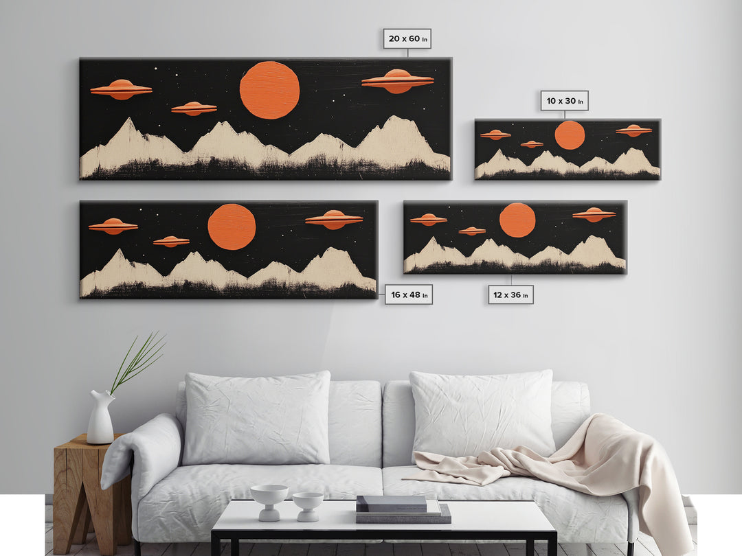 Cute  Nursery Decor - Boy's Room Wall Art - Panoramic Flying Saucers or UFOs Art Print - Framed Canvas