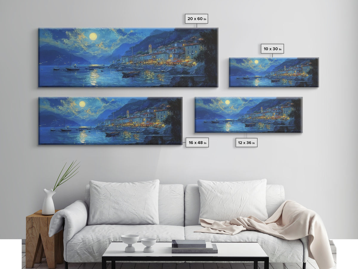Midnight in Italy - Full Moon - Italian Oil Painting Canvas Print - Whimsical / Eclectic Landscape Painting - Minimalist Boho Home Decor