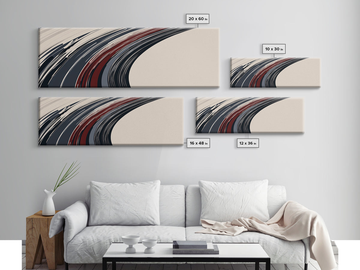 Abstract Line Art - Grey, Black and Brown Lines - Framed Canvas Print - MCM Style Abstract Wall Art, Extra Wide Art