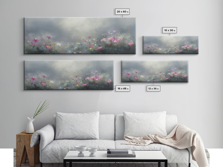 Moody Wild Flowers Under a Cloudy Sky, Panoramic Framed Canvas Print, Nature Decor, Boho Floral Wall Art, Flower Painting Gift For Her