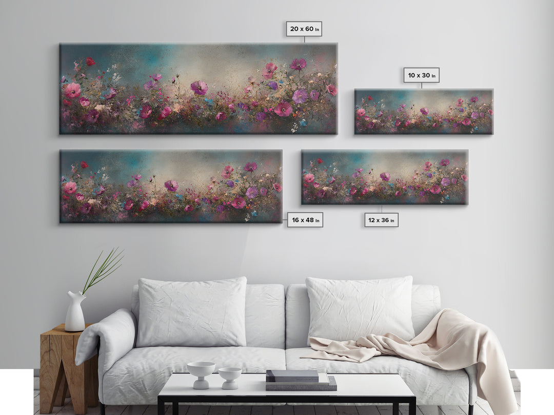 Abstract Pink Flower Painting Print, Wood Framed Wall Art, Flowers Wall Art, Vintage Landscape Wildflowers Painting
