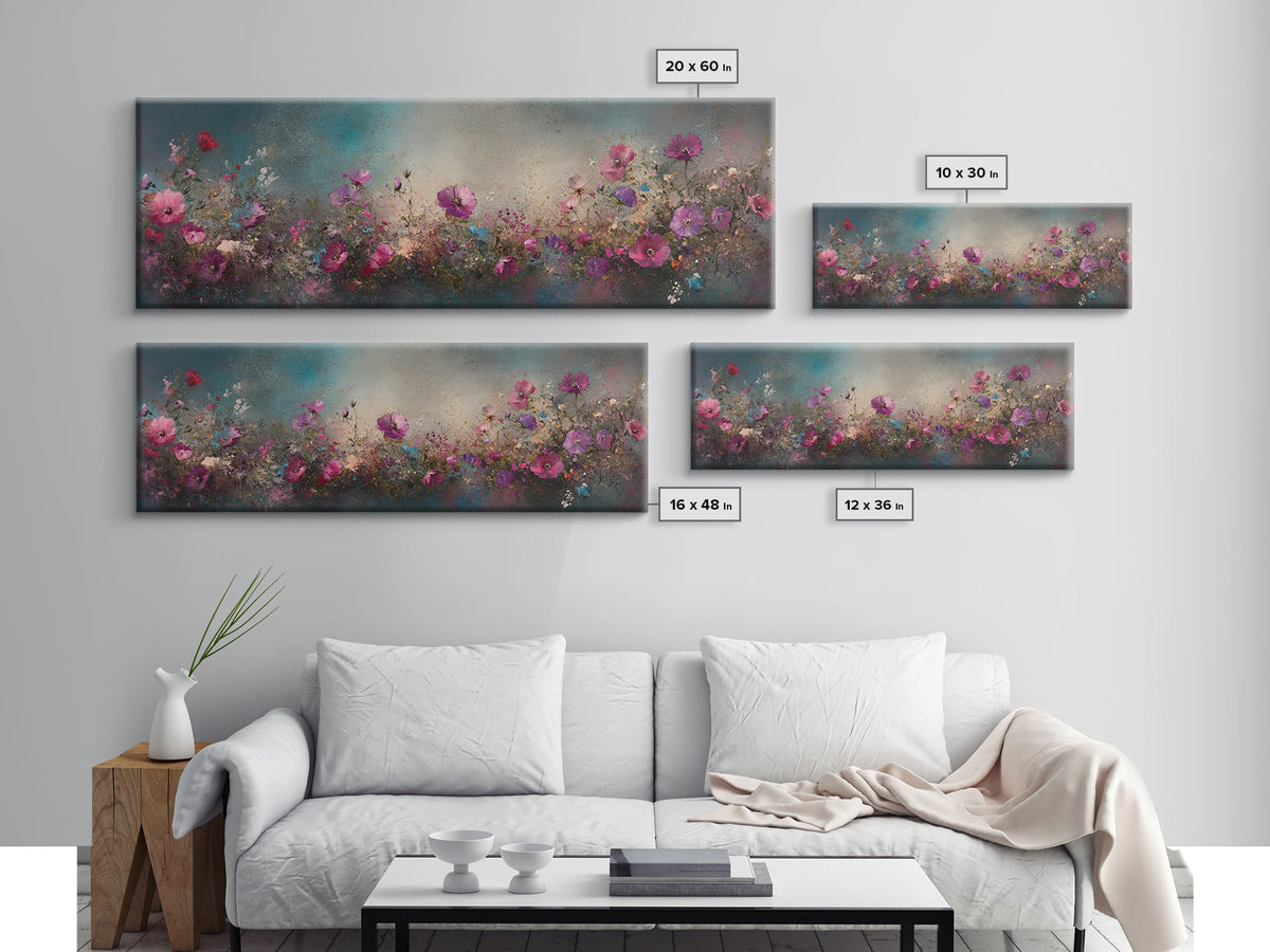 Abstract Pink Flower Painting Print, Wood Framed Wall Art, Flowers Wall Art, Vintage Landscape Wildflowers Painting
