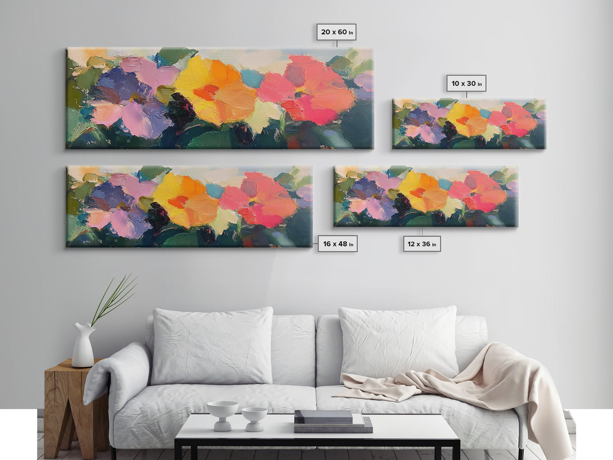 Abstract Flowers Panoramic Painting Print, Oil Painting Wood Framed Canvas Print, Boho Modern Art, Modern Farmhouse Decor