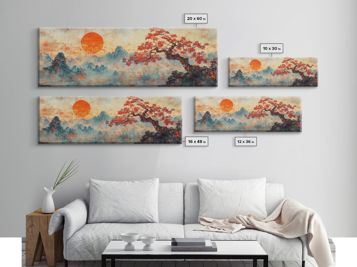 Maple Tree At Sunset With Red Leaves, Japanese Vintage Style Wall Art, Panoramic Painting Print, Woodblock Print, Boho Wall Decor