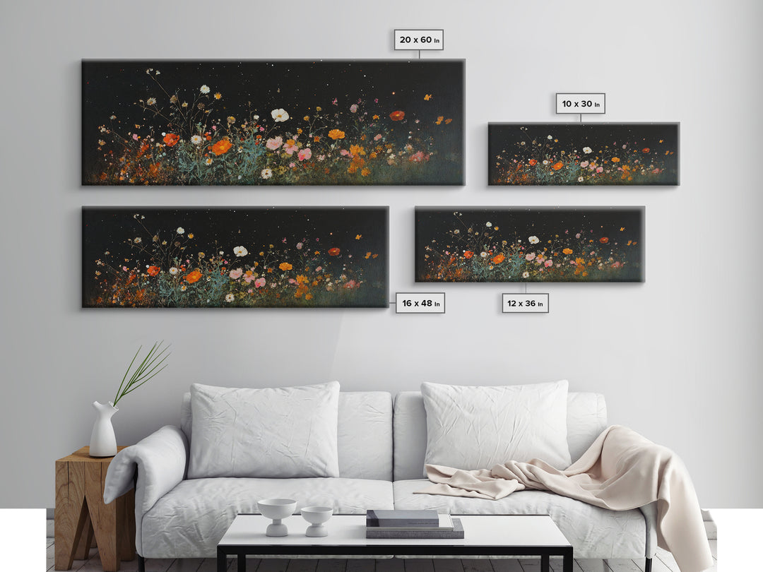 Dark & Moody Wild Flowers Under a Full Moon, Framed Canvas Print, Panoramic Extra Wide Wall Art, Oversized Home Decor