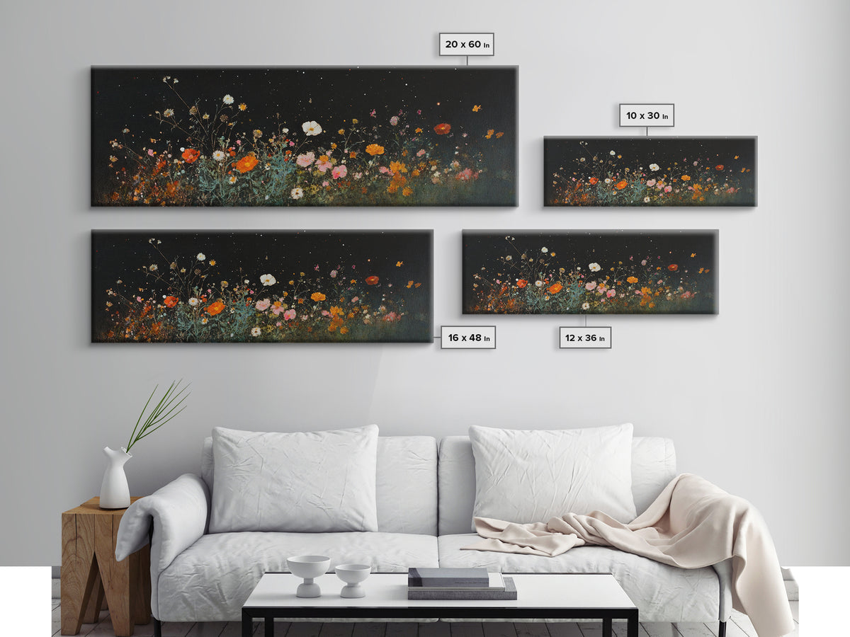 Dark & Moody Wild Flowers Under a Full Moon, Framed Canvas Print, Panoramic Extra Wide Wall Art, Oversized Home Decor