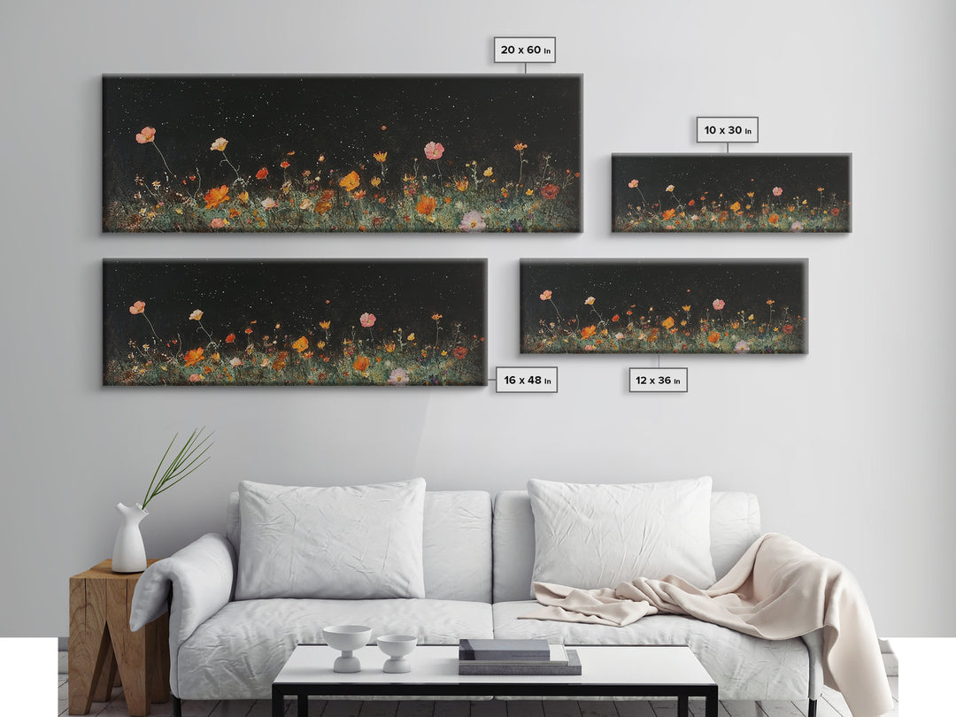 Dark & Moody Wild Flowers Under a Full Moon, Framed Canvas Print, Panoramic Extra Wide Wall Art, Oversized Home Decor, Modern Farmhouse Art