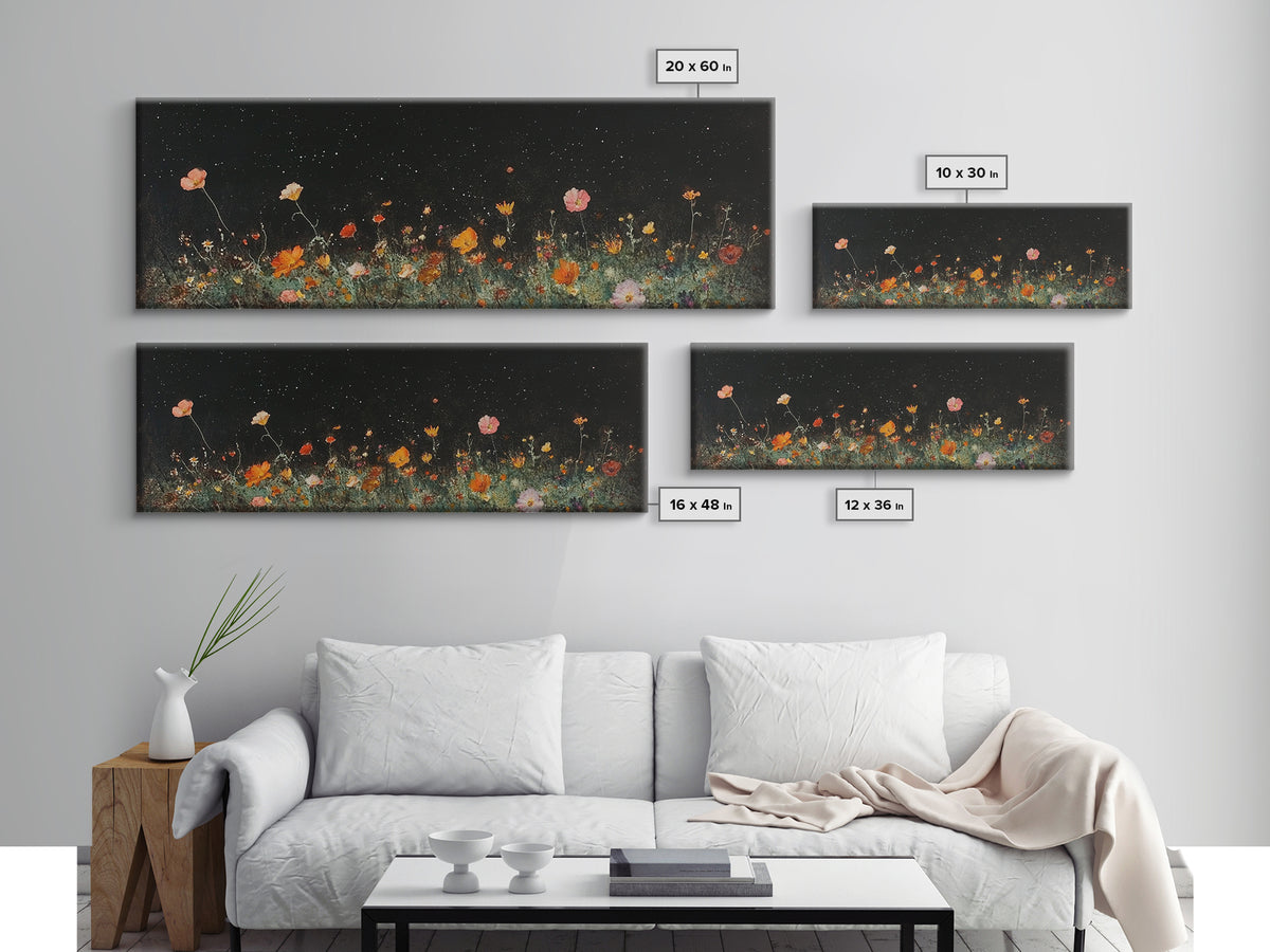 Dark & Moody Wild Flowers Under a Full Moon, Framed Canvas Print, Panoramic Extra Wide Wall Art, Oversized Home Decor, Modern Farmhouse Art