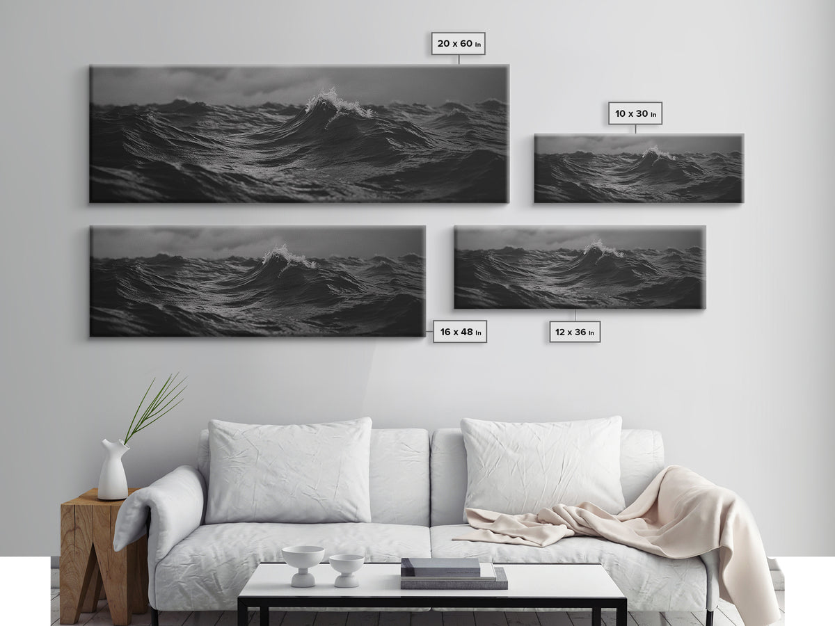 Black and White Ocean Photography Style Print, Panoramic Wall Art, Wood Framed Canvas Art, Seascapes, Nautical Decor