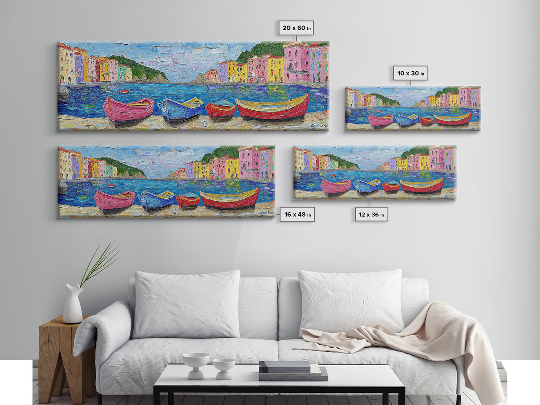 Pastel Row Boats in an Italian Fishing Village, Framed Canvas Print, Original Artwork, Retro Italy Painting, Impasto Style Print
