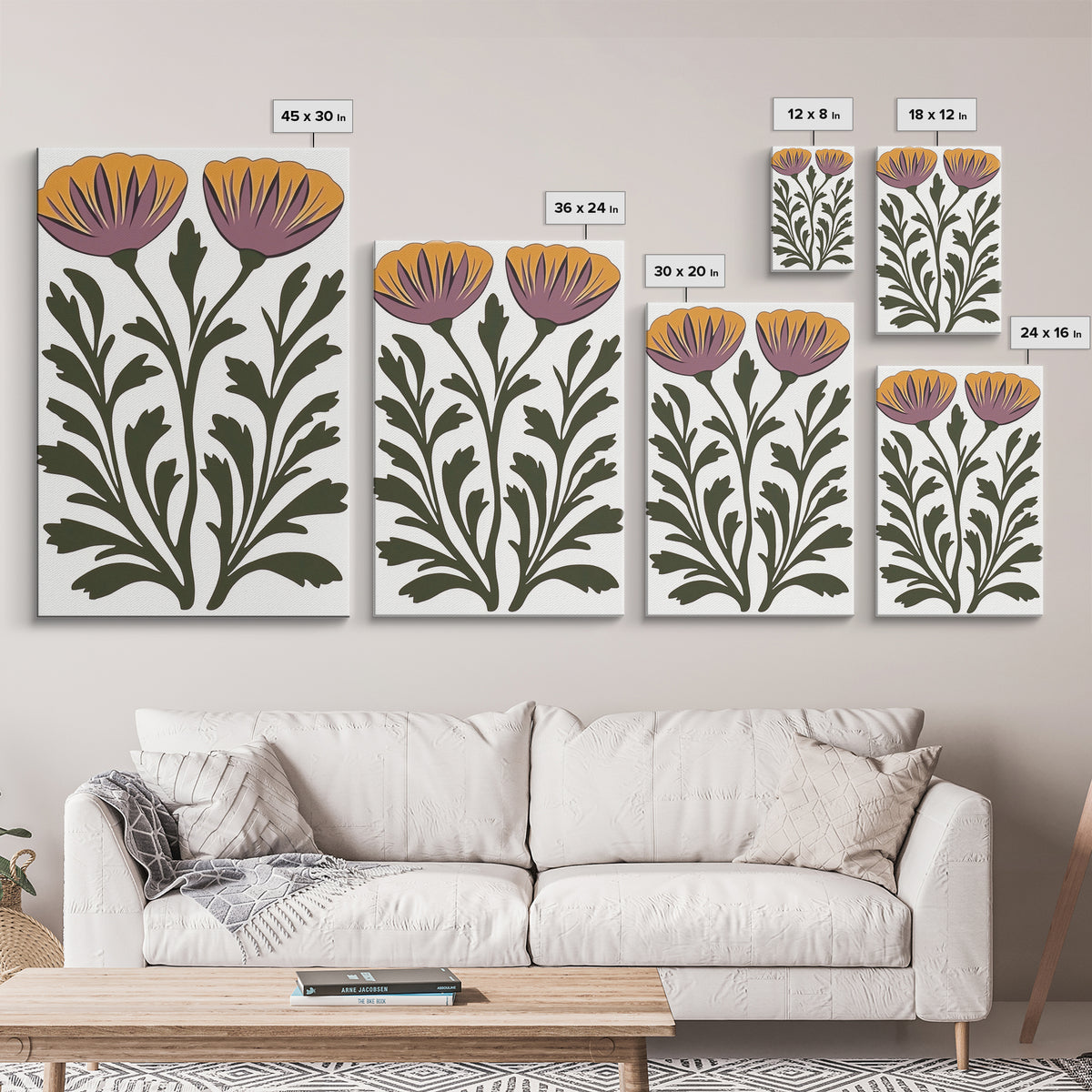 Abstract Botanical Wall Art, Framed Canvas Print, Purple Flowers on White Background