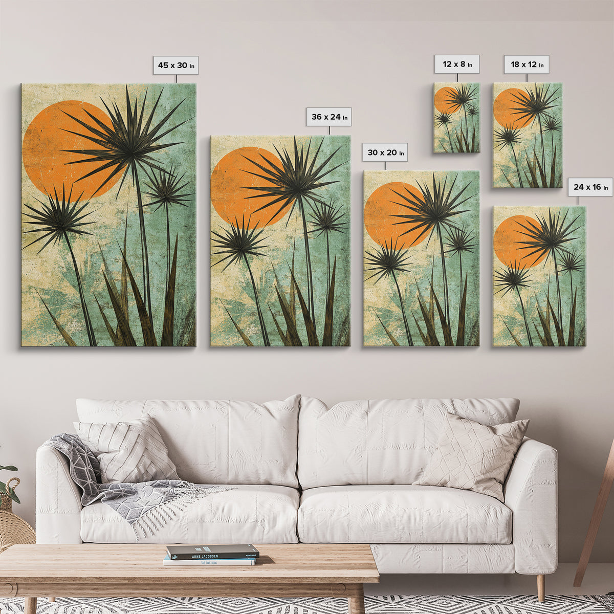 Abstract Palm Trees at Sunset, Framed Canvas Print, MCM Style Wall Art