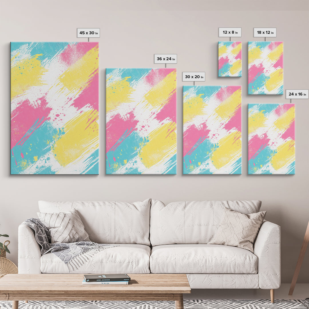 Brush Strokes On Canvas Print, Wood Framed Wall Art, Preppy Dorm Room Decor, Pink Turquoise and Yellow on White Background Wall Art