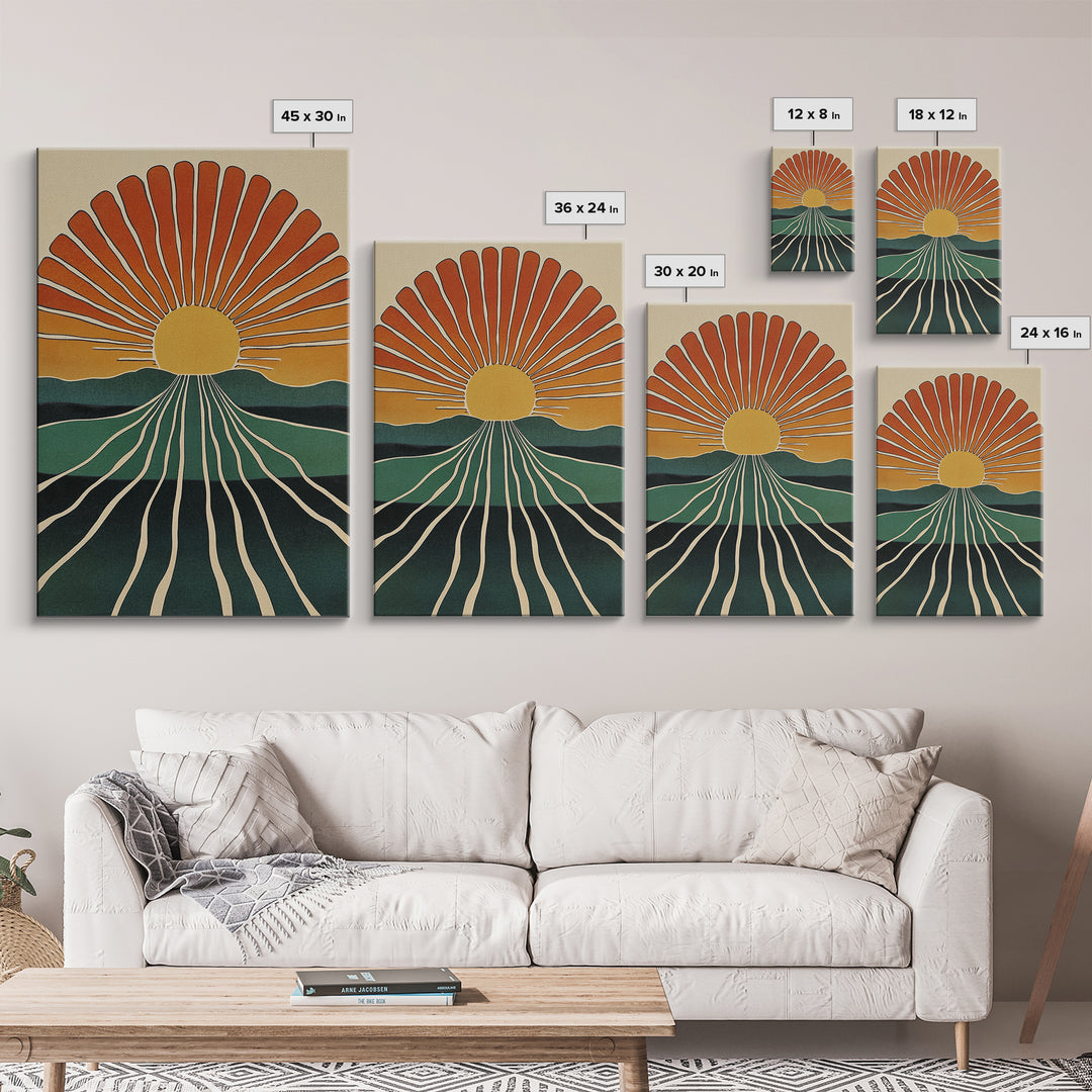 Minimalist Sunset or Sunrise Wall Art Canvas Print, Art Deco Boho Wall Decor, Modern Art, Sun Burst Wall Art