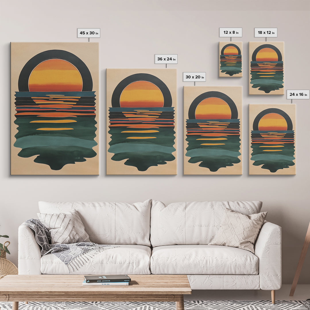 Art Deco Sunset Over The Ocean, Minimalist Home Decor Canvas Print, Emerald Green Ocean With Sunrise, Boho Art